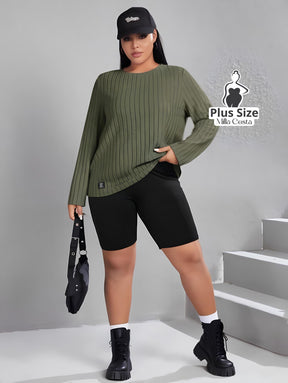 Blusa Canelada Casual Com Manga Longa Plus Size