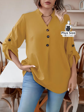 Blusa Feminina Com Botões e Manga 3/4 Casual Elegante Plus Size