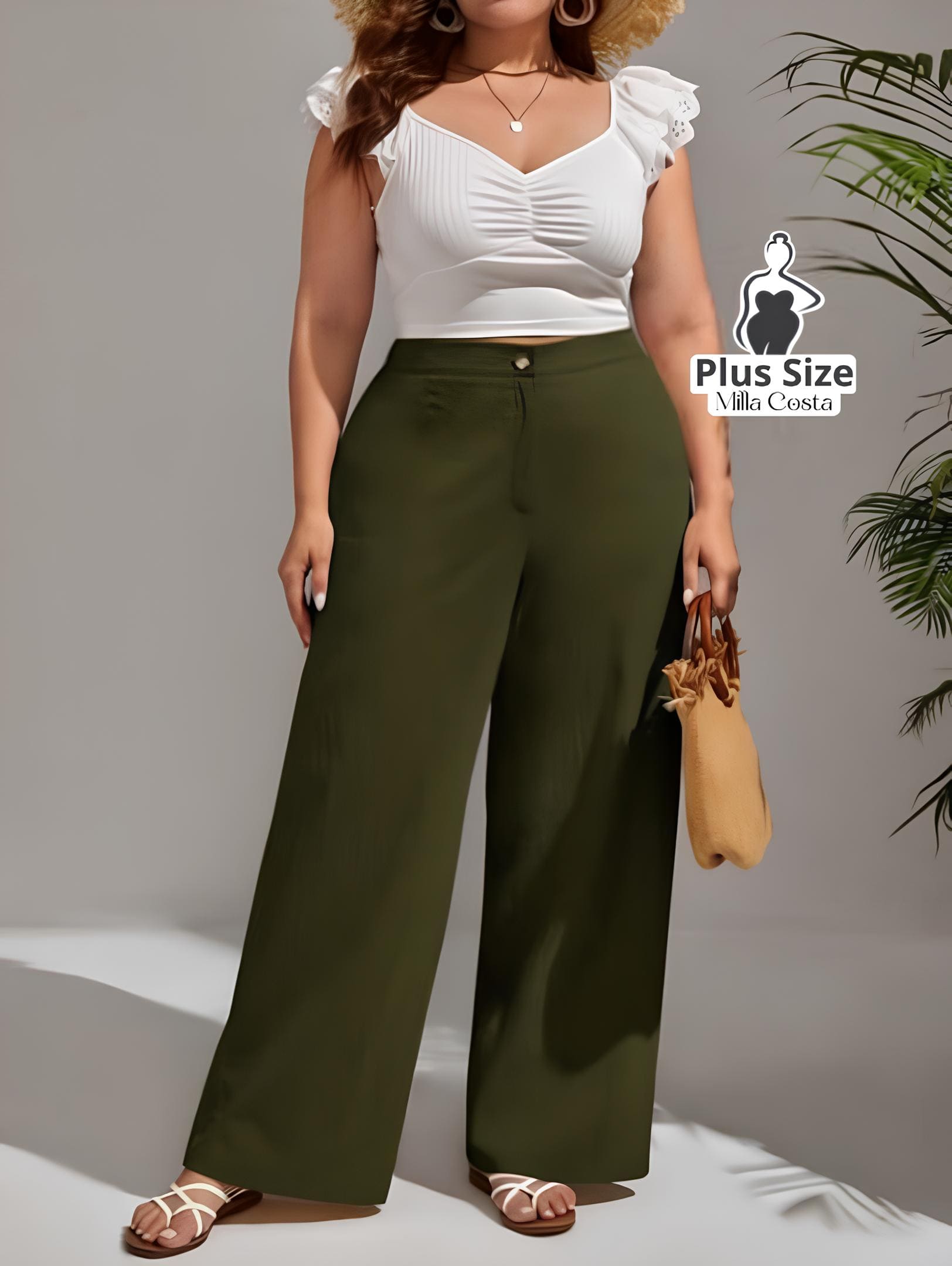 Calça Pantalona de Linho Com Fechamento Frontal Plus Size