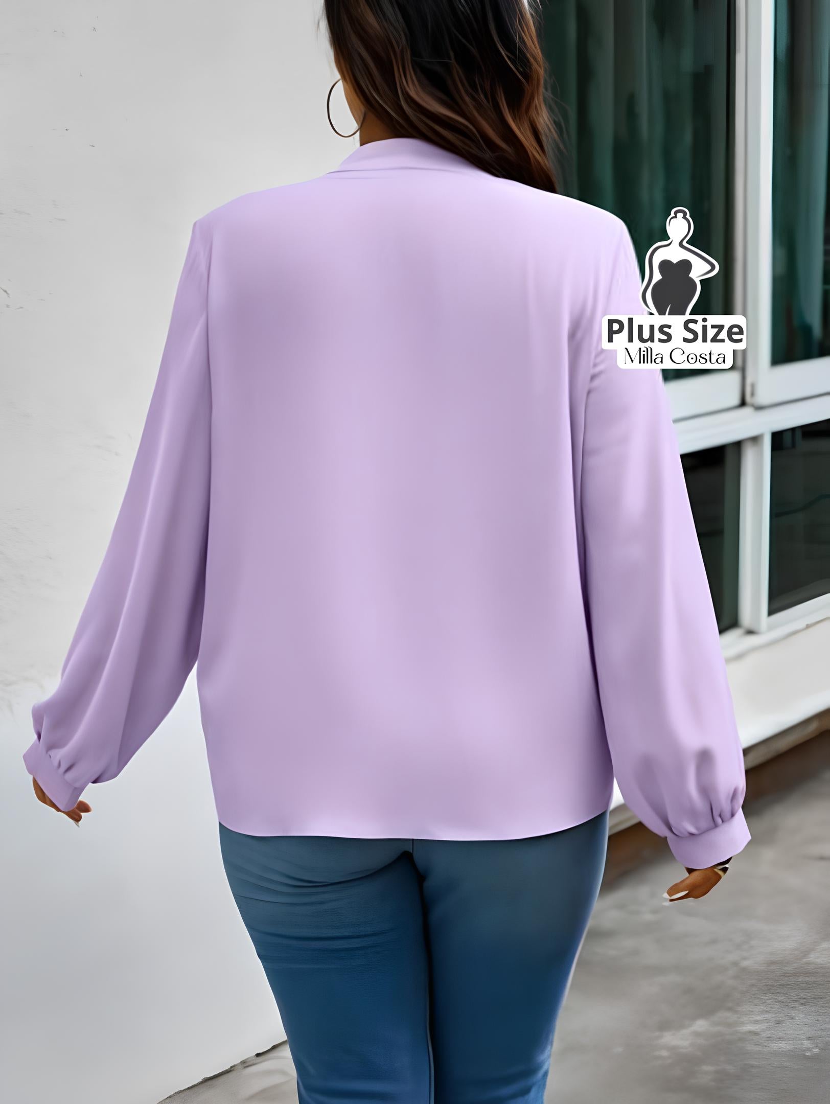 Blusa Com Laço e Manga Longa Elegante Plus Size