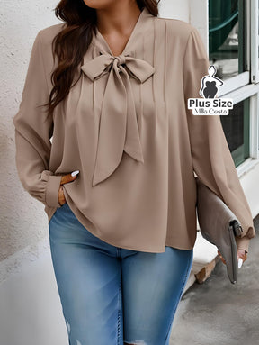 Blusa Com Laço e Manga Longa Elegante Plus Size