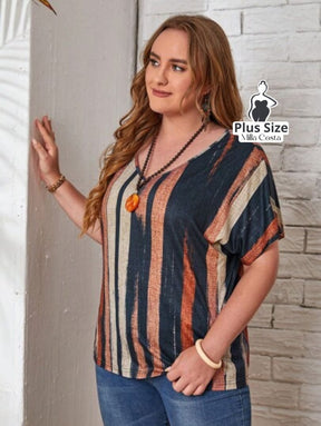 Blusa Elegante De Linhas Verticais Com Decote V Plus Size