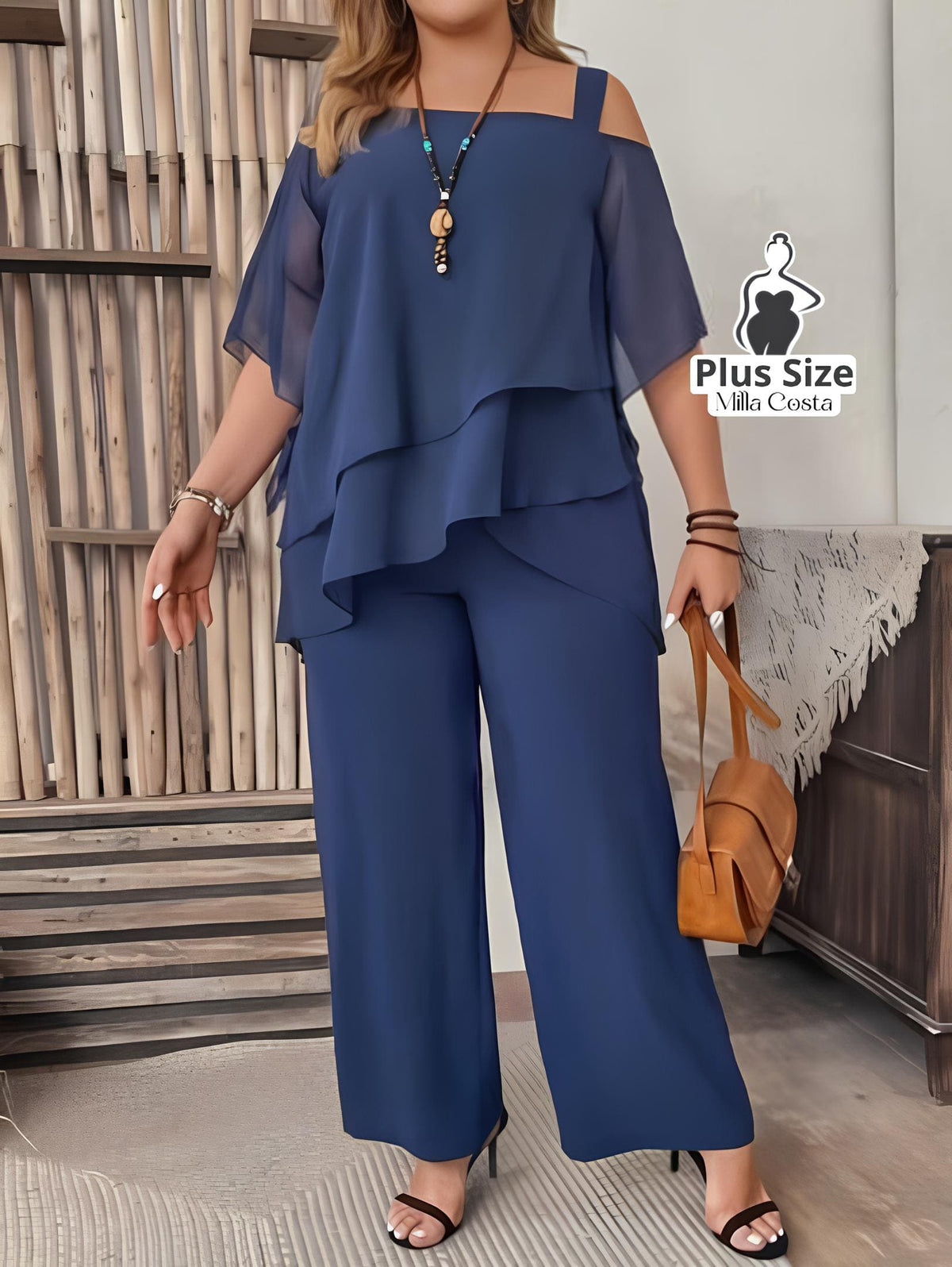 Conjunto Elegante De Camadas E Pantalona Plus Size