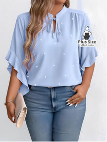 Blusa com Detalhe de Pérolas e Mangas Com Babados Plus Size