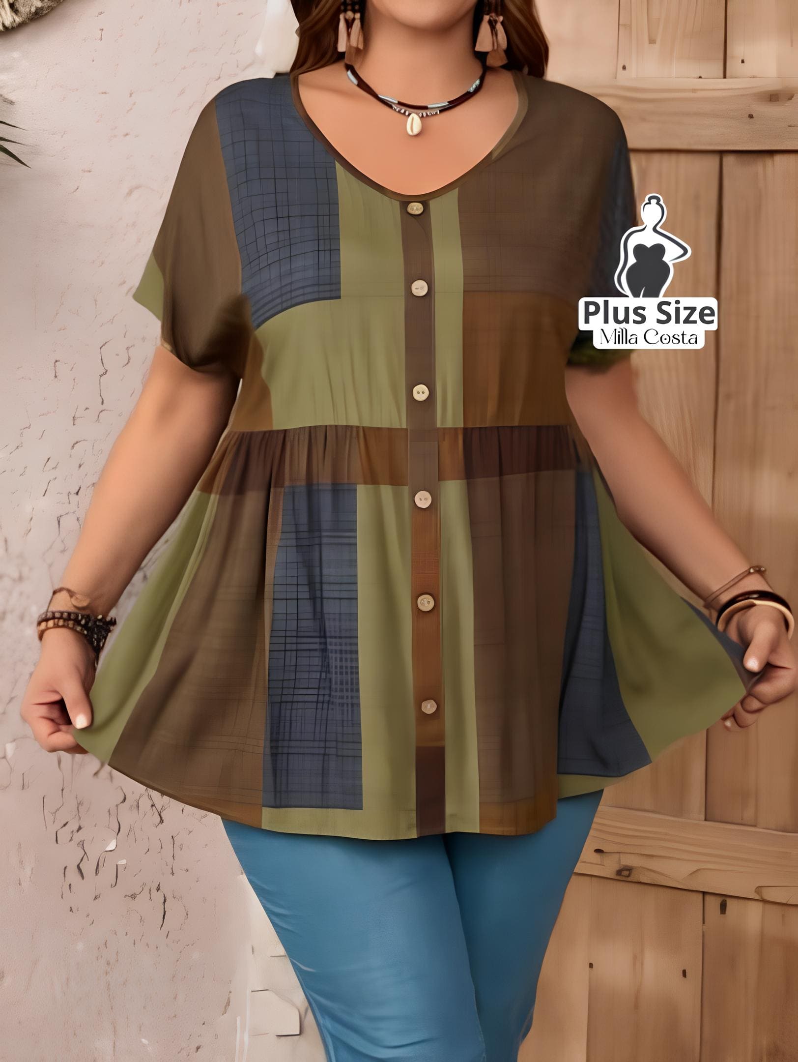 Blusa Soltinha Com Botões e Estampa Xadrez Plus Size