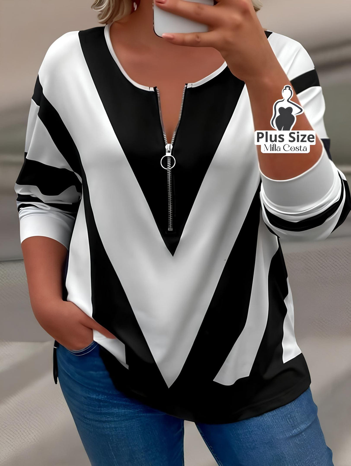 Camisa Casual Com Ziper Preto e Branca Plus Size