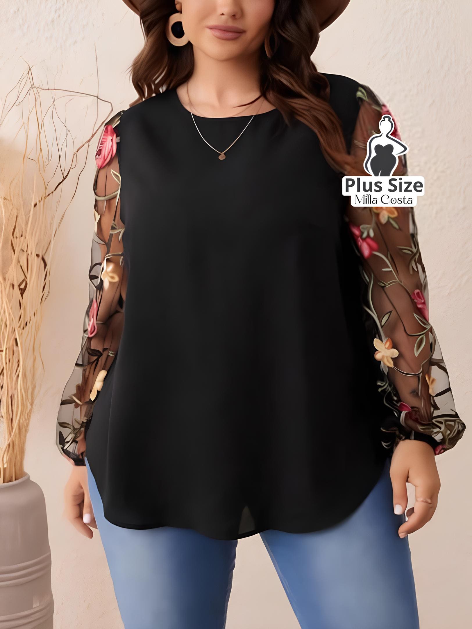 Blusa Com Mangas Florais Em Tule Bordado Plus Size