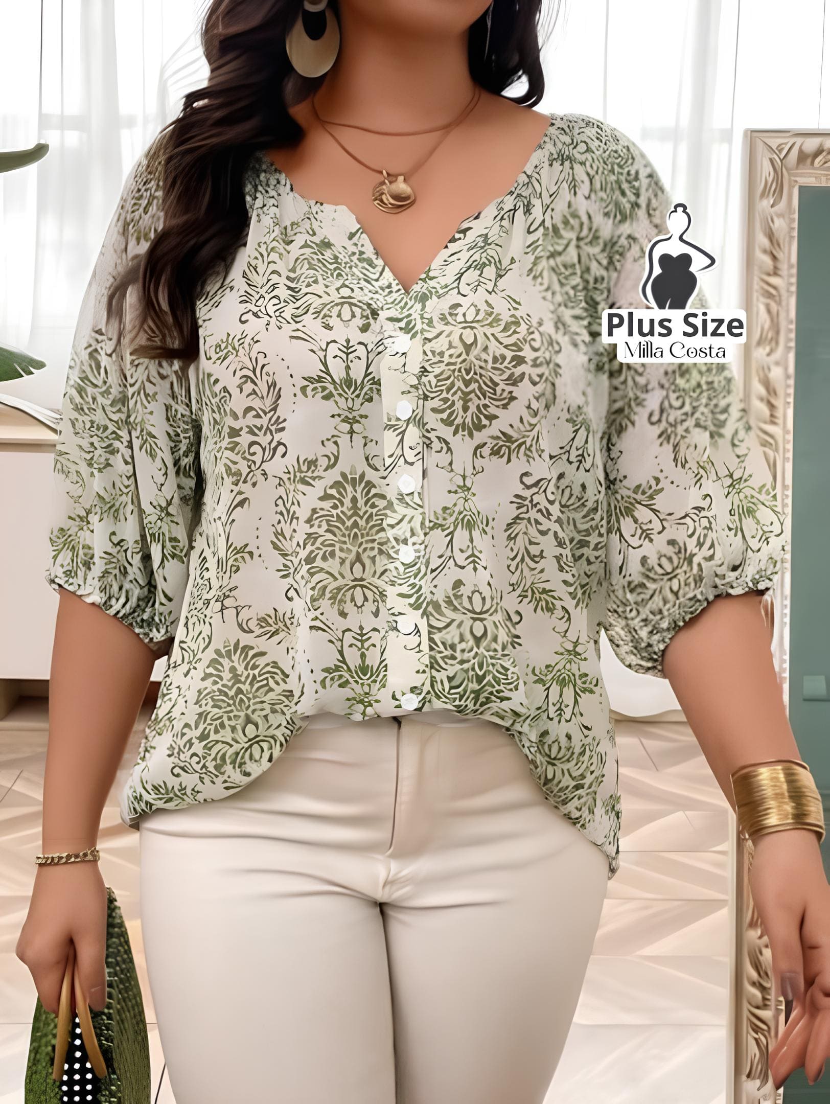 Blusa Estampada Com Botões e Manga Bufante Plus Size