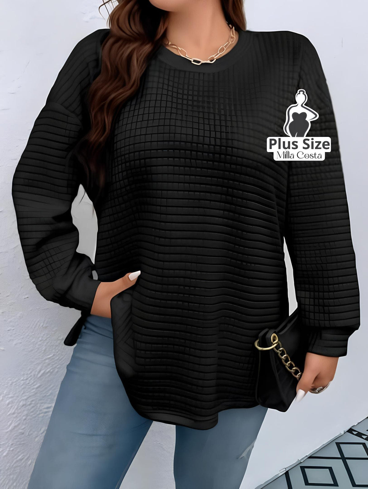 Blusa de Manga Longa Com Textura Acolchoada Plus Size