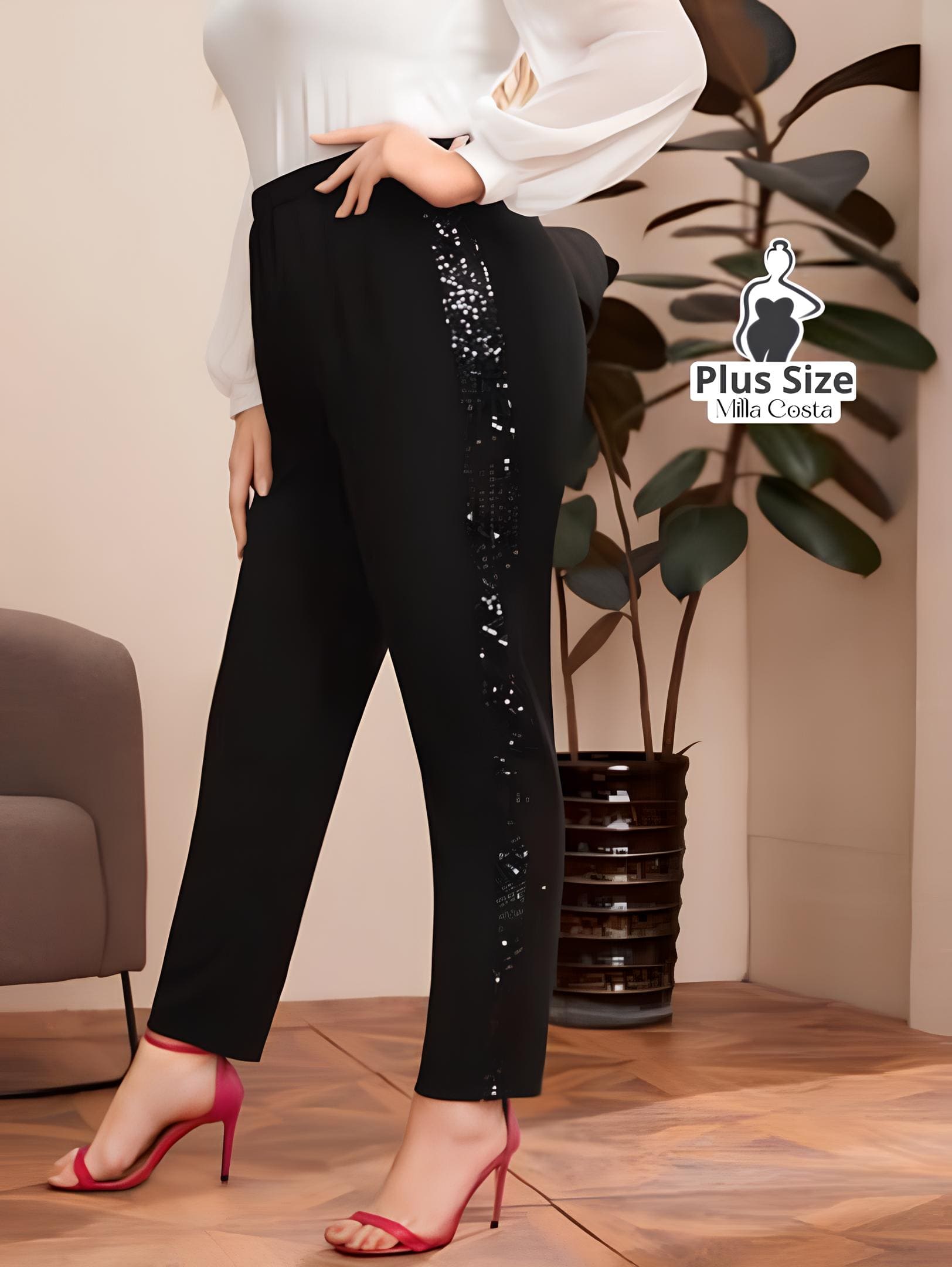 Calça Social Com Detalhe de Lantejoulas Nas Laterais Plus Size