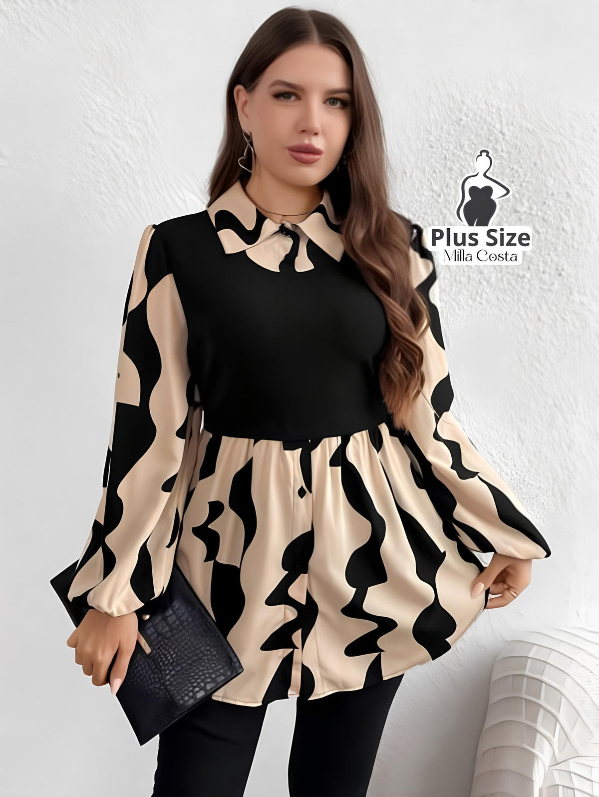 Camisa 2 em 1 com Recorte Elegante e Manga Longa Plus Size