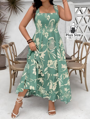 Vestido Longo Estampado com Lastex e Alças Largas Plus Size