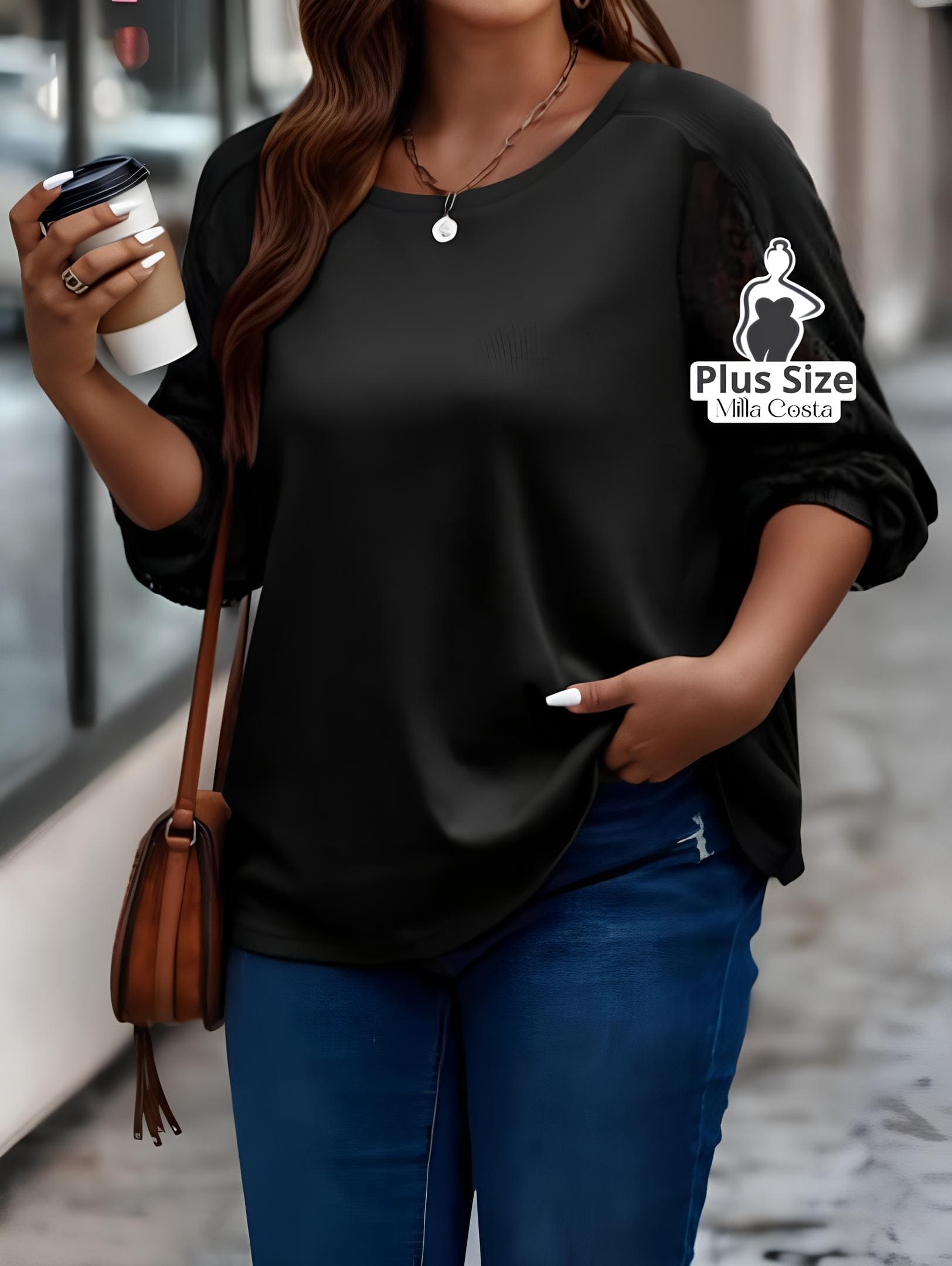 Blusa Casual Com Mangas Vazadas Em Tecido Plus Size