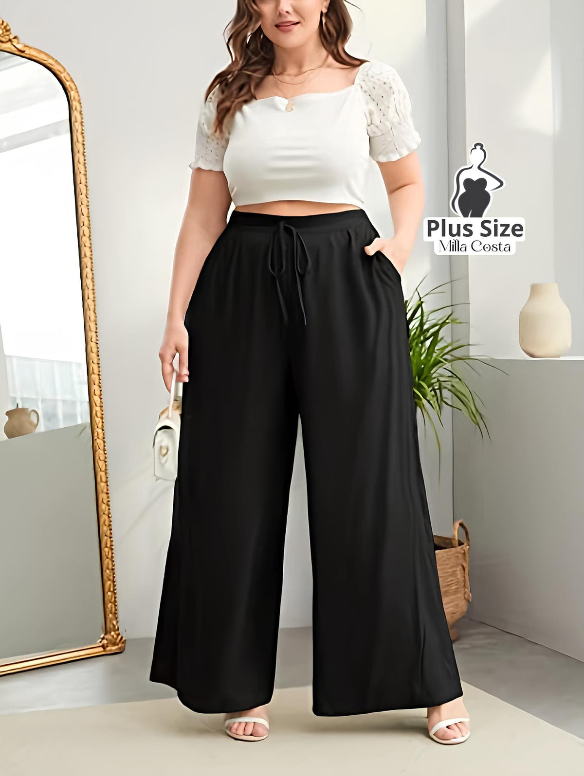 Calça Pantalona Com Amarração Confortável Plus Size