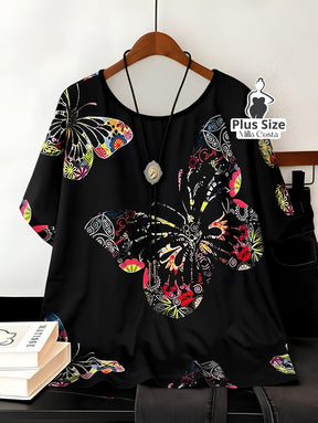 Blusa Estampada de Borboleta Com Caimento Solto Plus Size