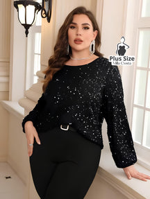 Blusa de Paetês Com Mangas Longas Elegante Plus Size