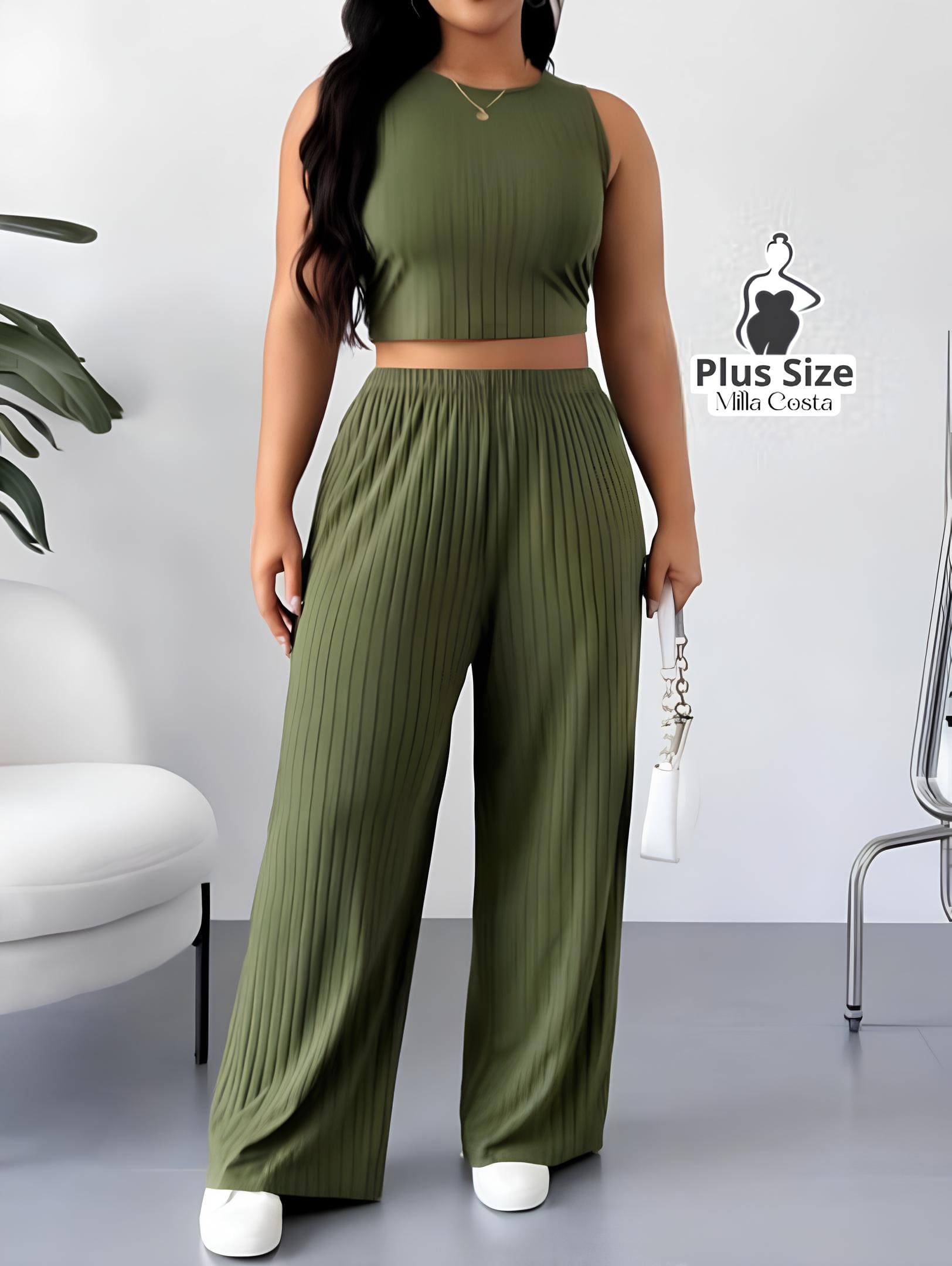 Conjunto Elegante Com Top Cropped e Calça Flare Texturizada Plus Size