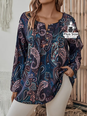 Blusa Estampada Boho Com Manga Longa e Decote Redondo Plus Size