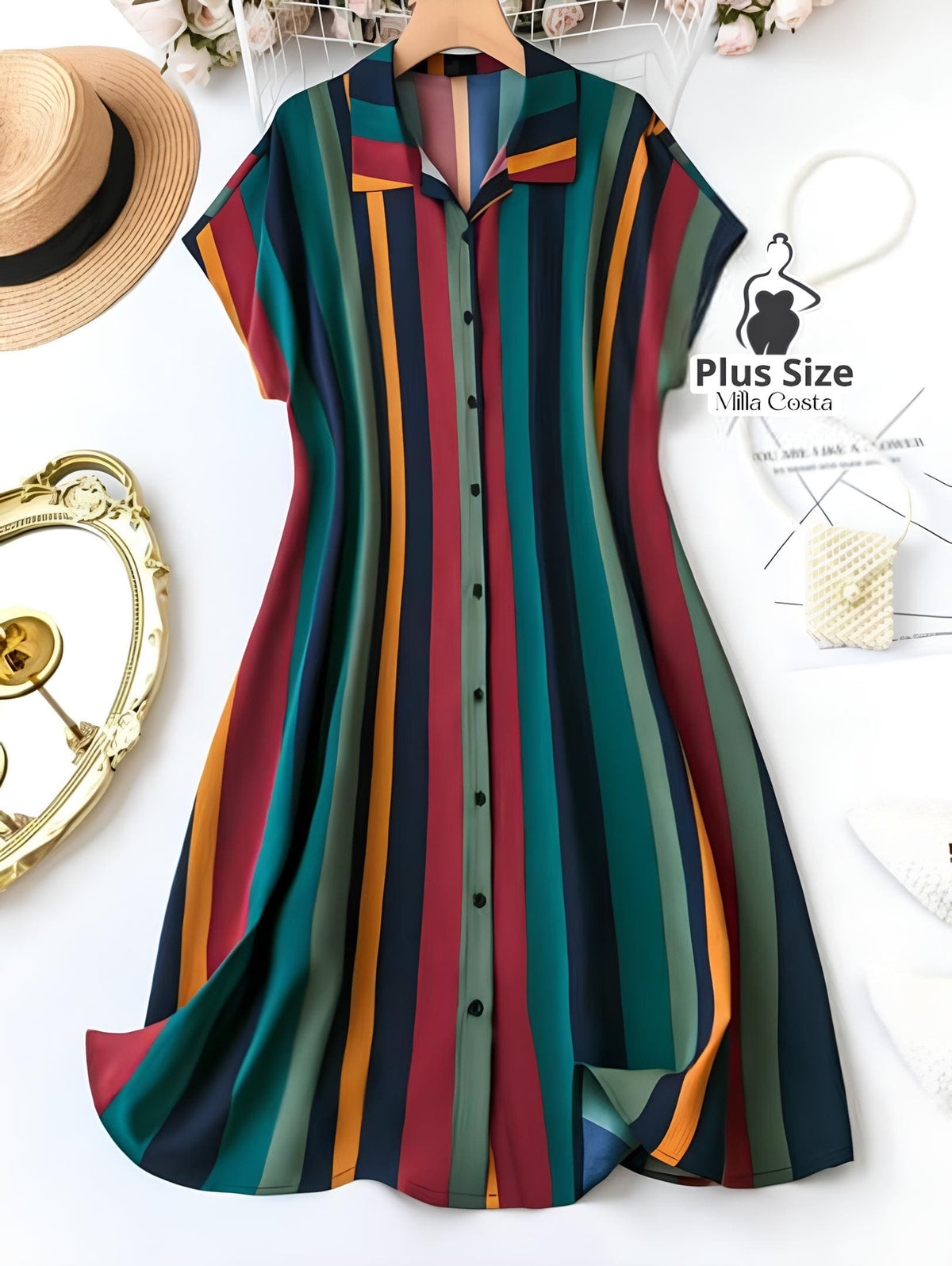 Vestido Chemise Listrado Colorido com Botões Plus Size