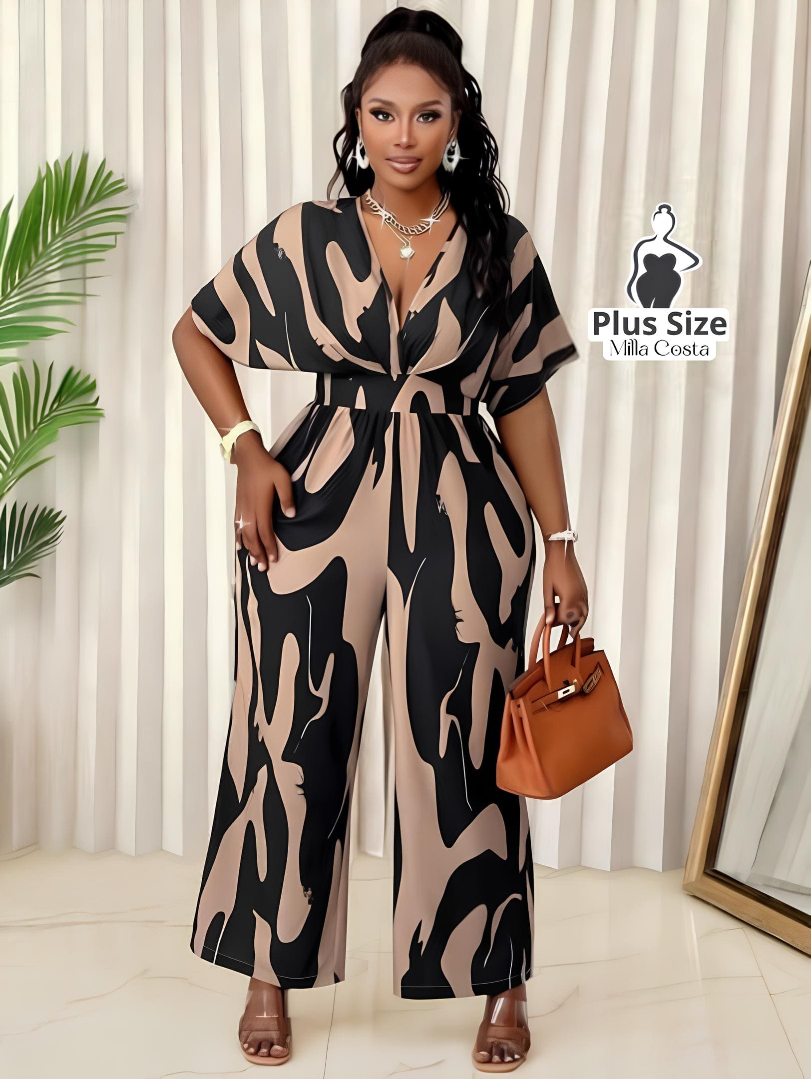 Macacão Estampado Elegante Com Cintura Marcada Plus Size