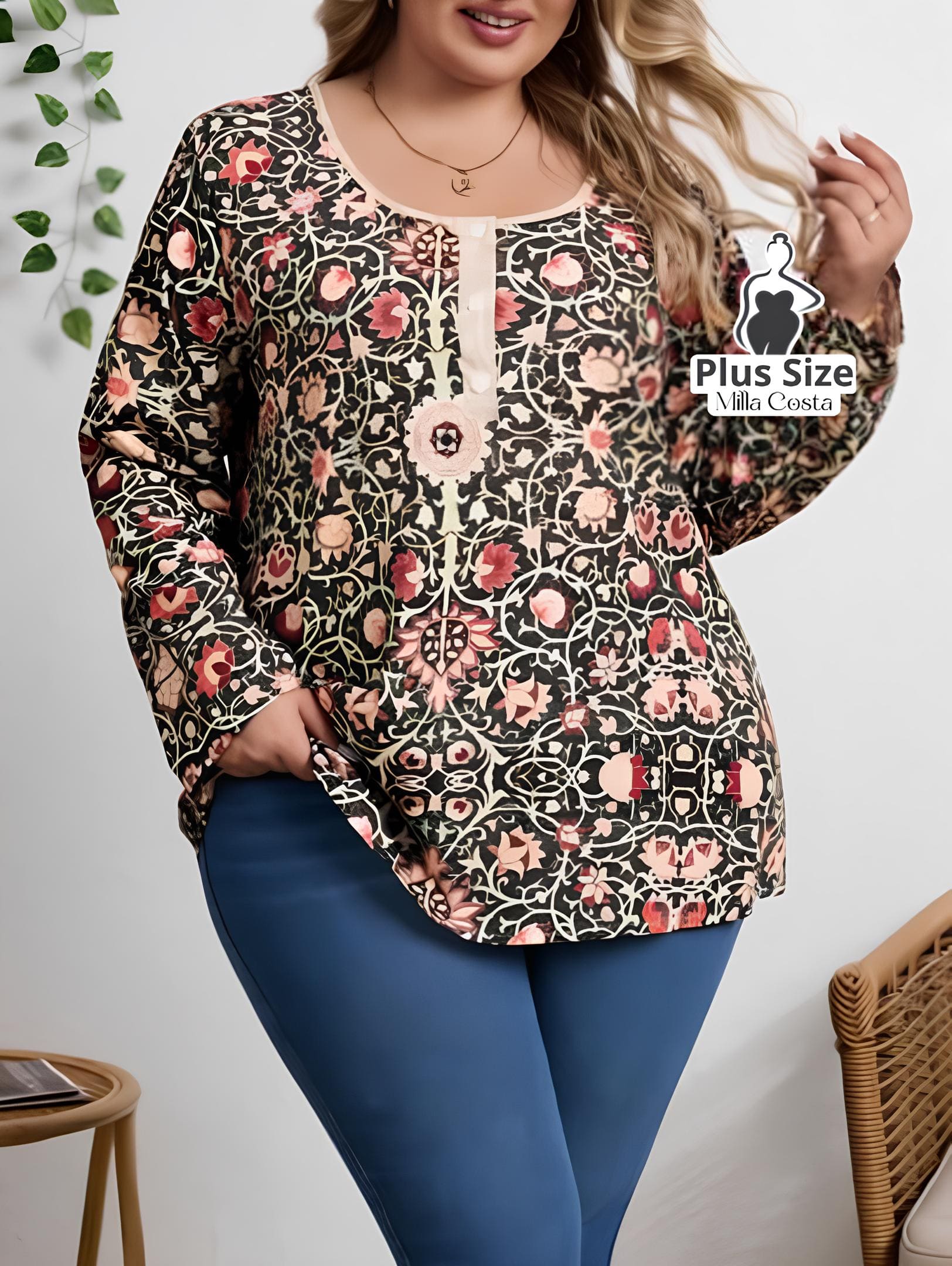 Blusa Estampada Boho Com Botões Decorativos Plus Size