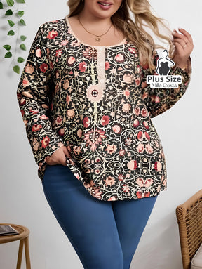 Blusa Estampada Boho Com Botões Decorativos Plus Size