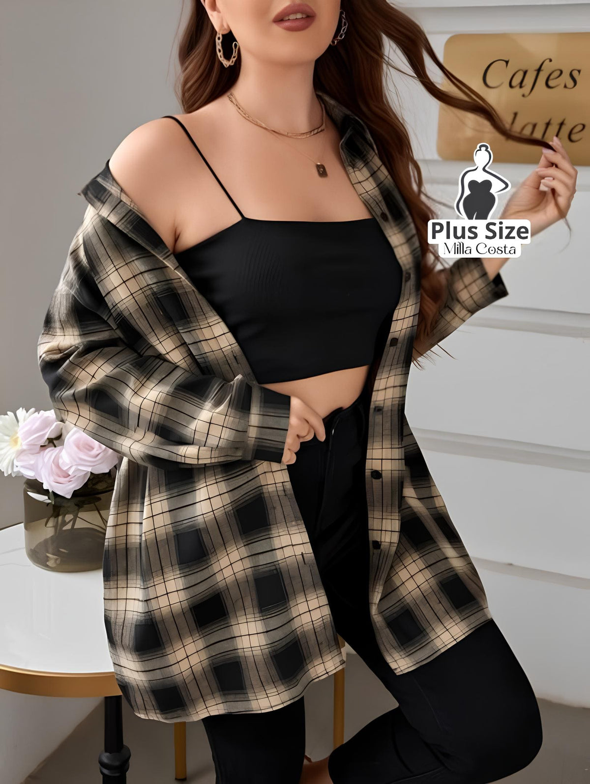 Camisa Xadrez de Manga Longa Estilo Casual Plus Size