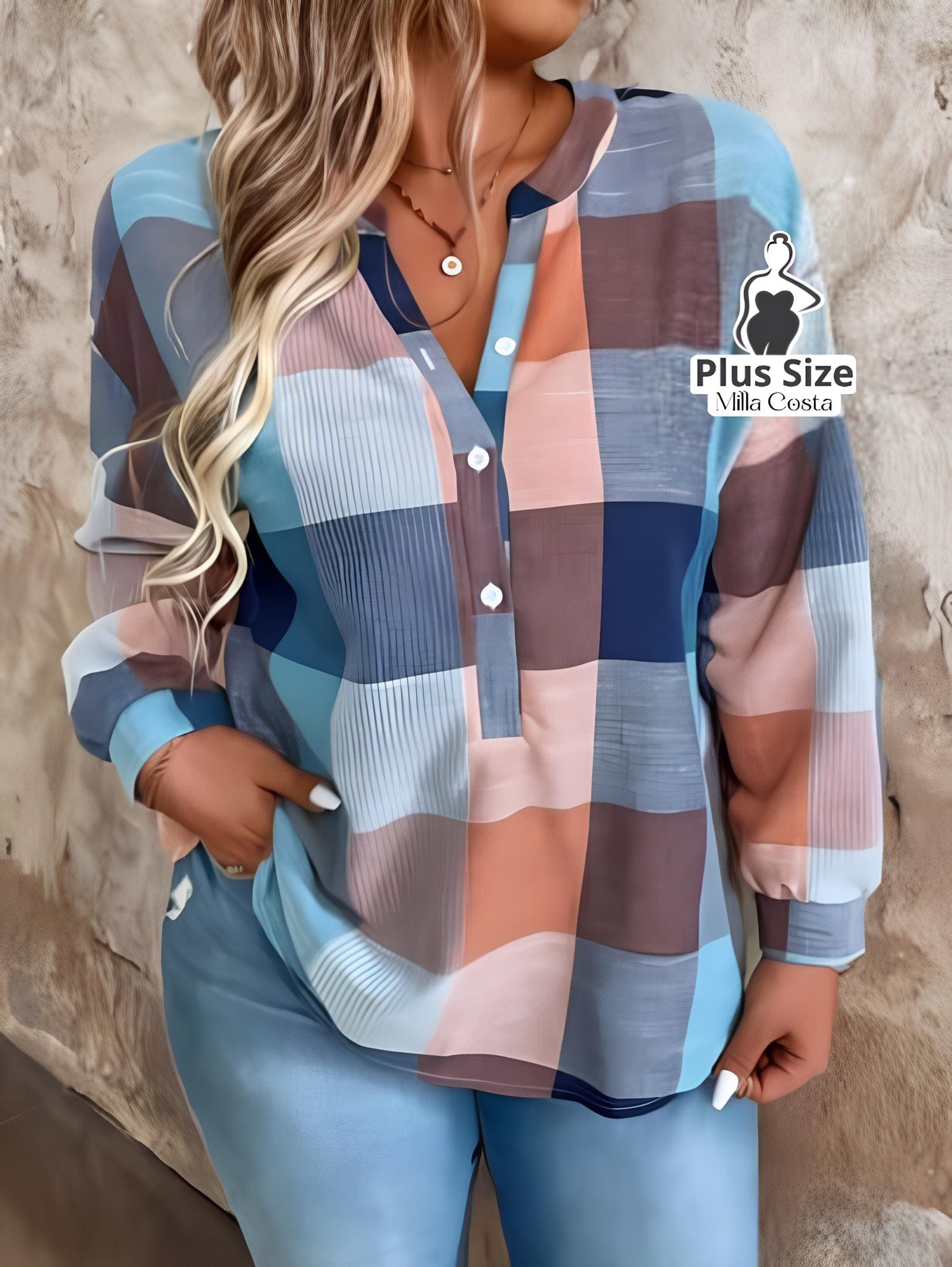 Camisa Xadrez Longa Com Manga Dobrável Plus Size