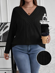 Blusa de Tricô Com Decote V e Detalhe Em Linhas Plus Size