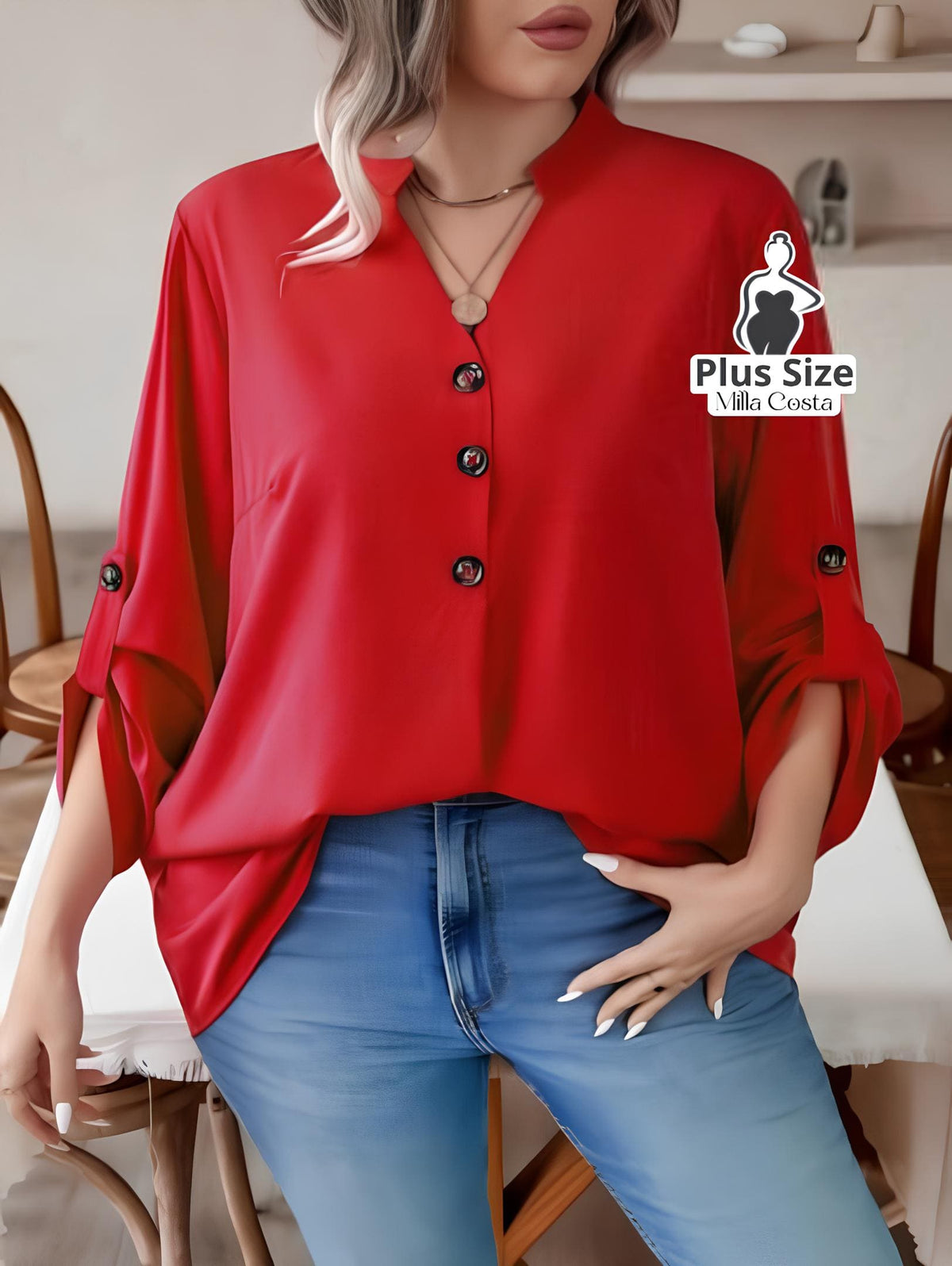 Blusa Casual com Botões e Manga 3/4 Ajustável Plus Size