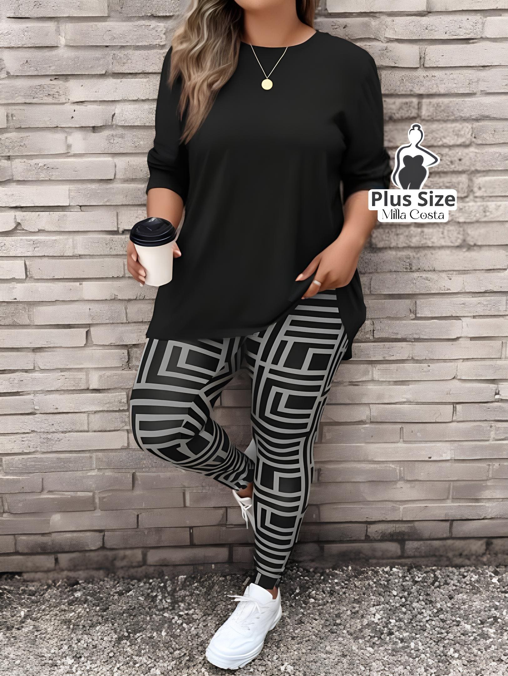 Conjunto de Blusa Longa e Legging Estampada Geométrica Plus Size