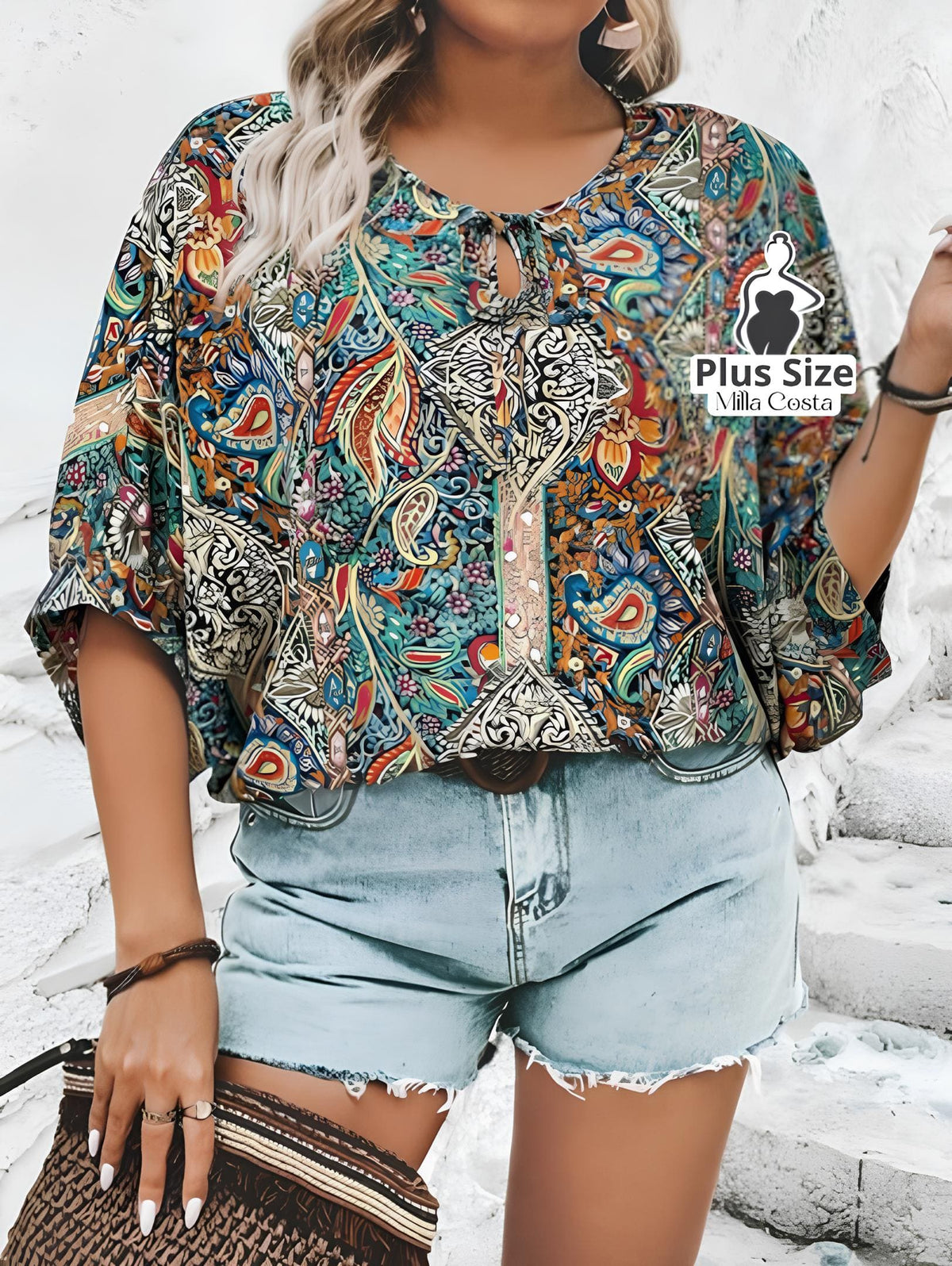 Blusa Estampada Boho Com Amarração Plus Size