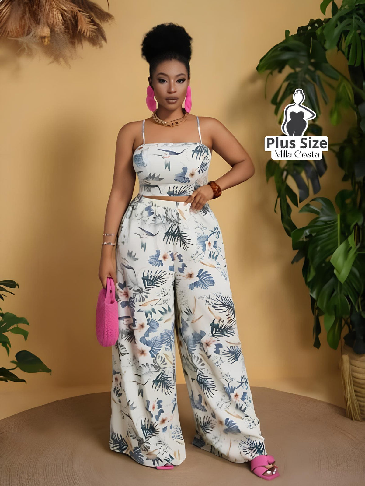 Conjunto Cropped e Calça Pantalona Estampado Plus Size