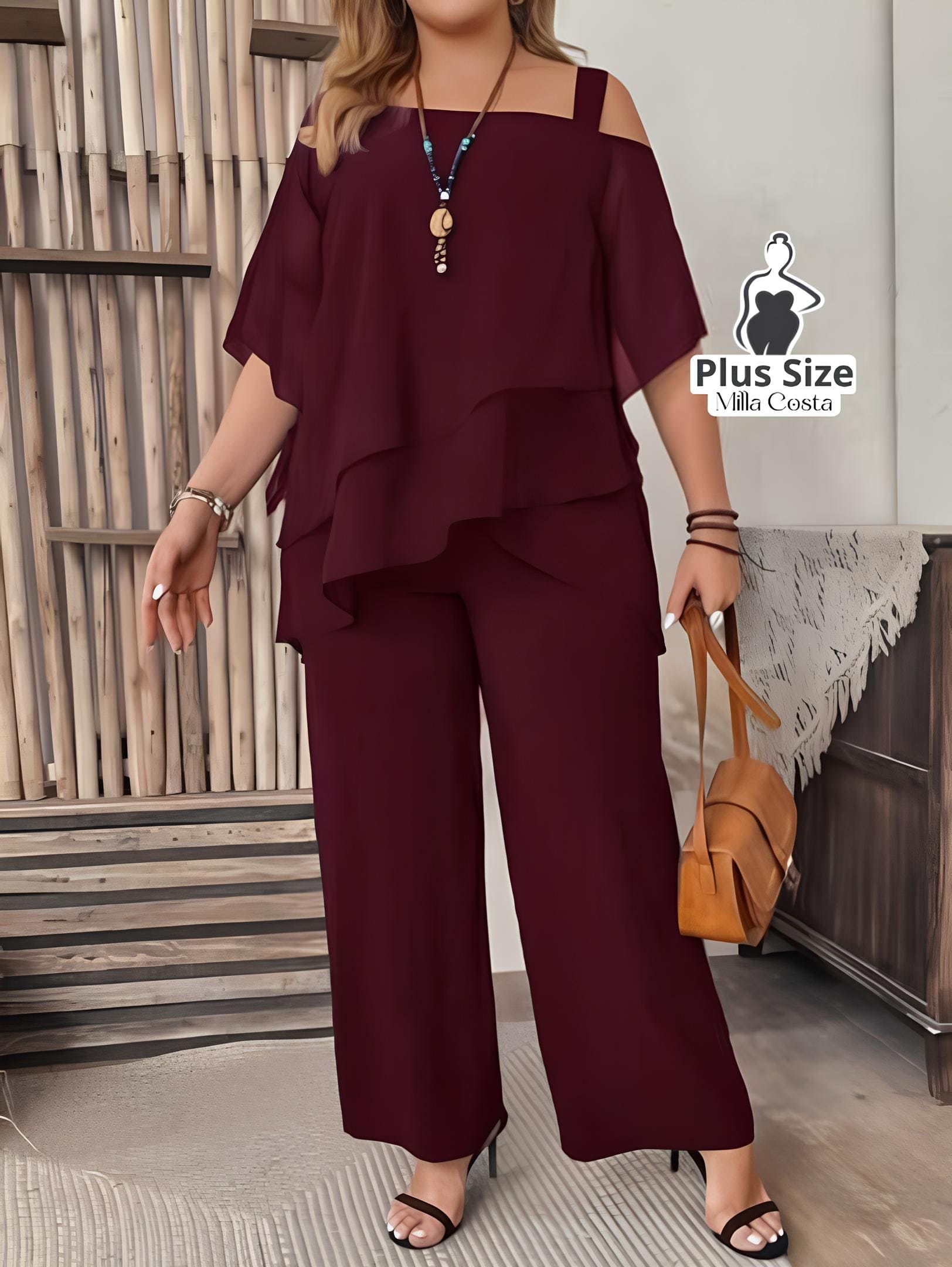 Conjunto Feminino de Blusa com Camadas e Calça Pantalona Plus Size