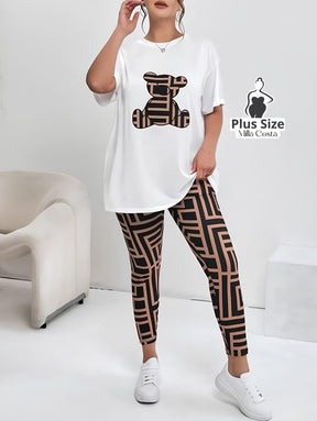 Conjunto Feminino com Blusa Estampada de Urso e Legging Geométrica Plus Size