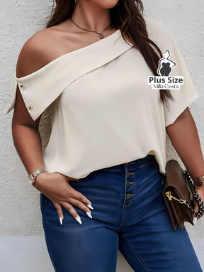 Blusa Ombro Caído Com Detalhe de Botão Plus Size