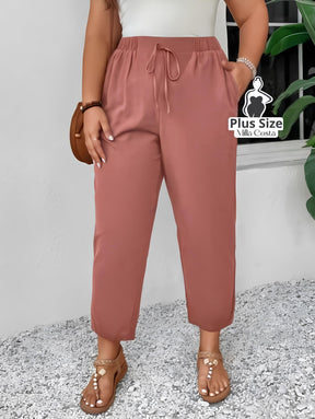 Calça de Cintura Alta Com Cordão Ajustável Plus Size