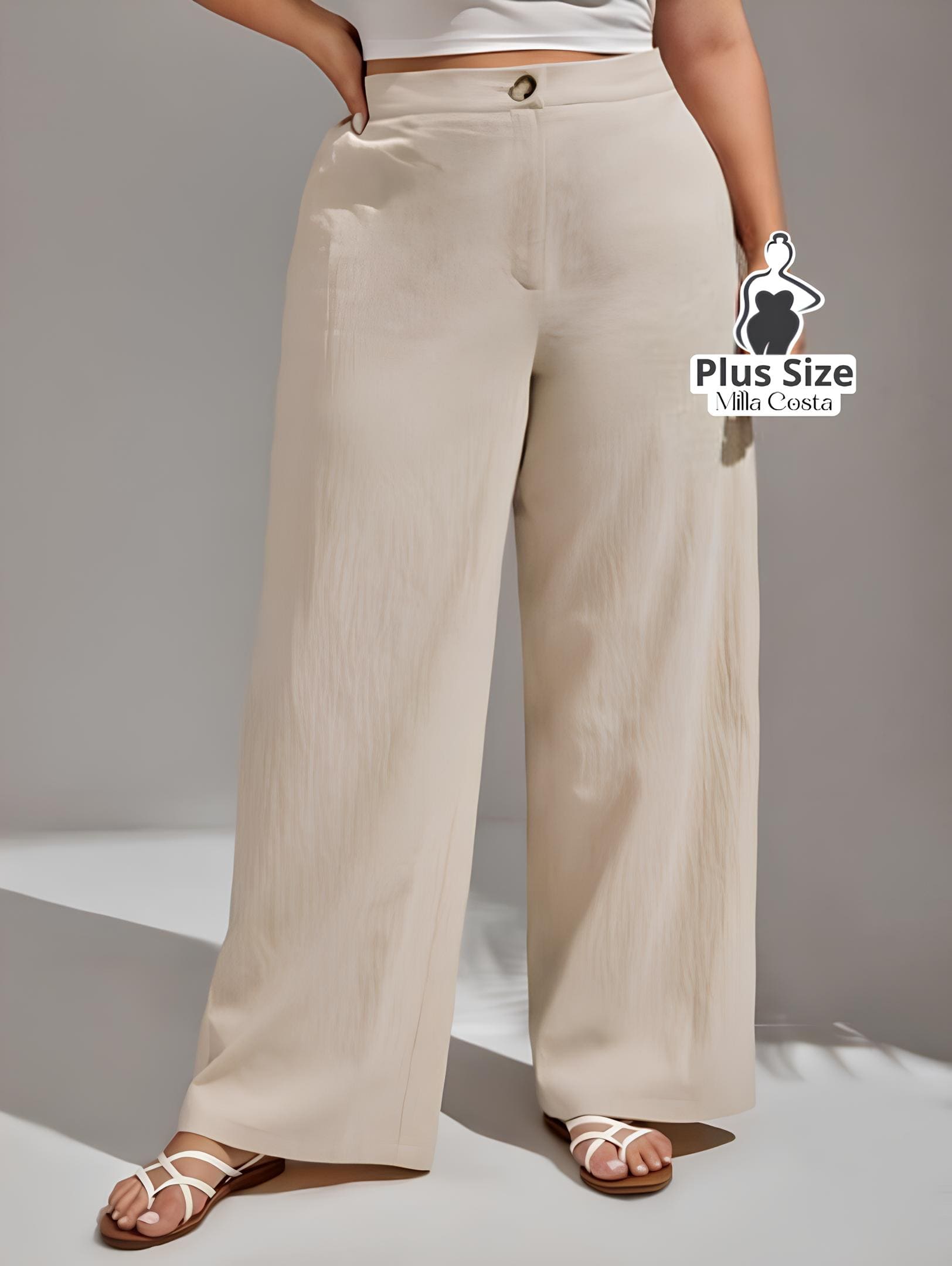 Calça Pantalona de Linho Com Fechamento Frontal Plus Size