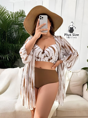 Conjunto De Biquíni Com Saída De Praia Estampada Plus Size