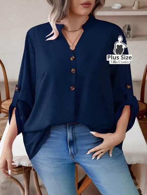 Blusa Feminina Com Botões e Manga 3/4 Casual Elegante Plus Size