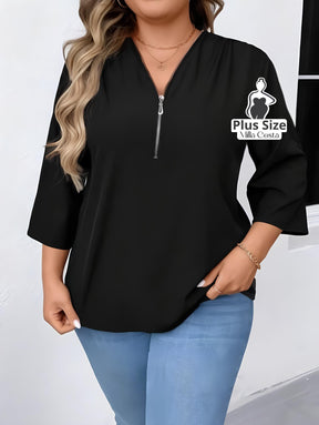 Blusa Com Zíper Frontal e Manga 3/4 Plus Size