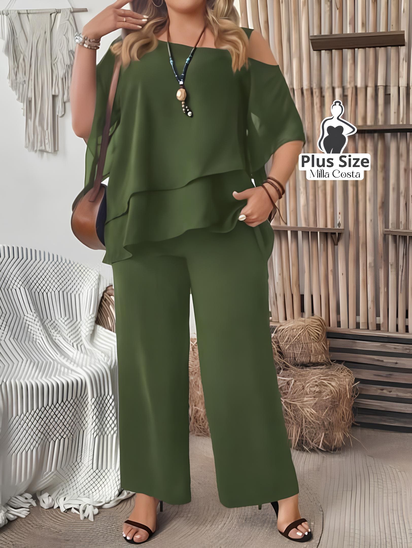 Conjunto Feminino de Blusa com Camadas e Calça Pantalona Plus Size