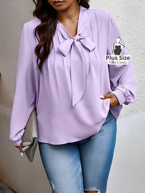 Blusa Com Laço e Manga Longa Elegante Plus Size