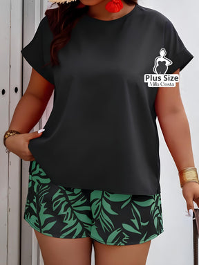 Conjunto de Verão com Shorts e Blusa de Manga Curta Plus Size