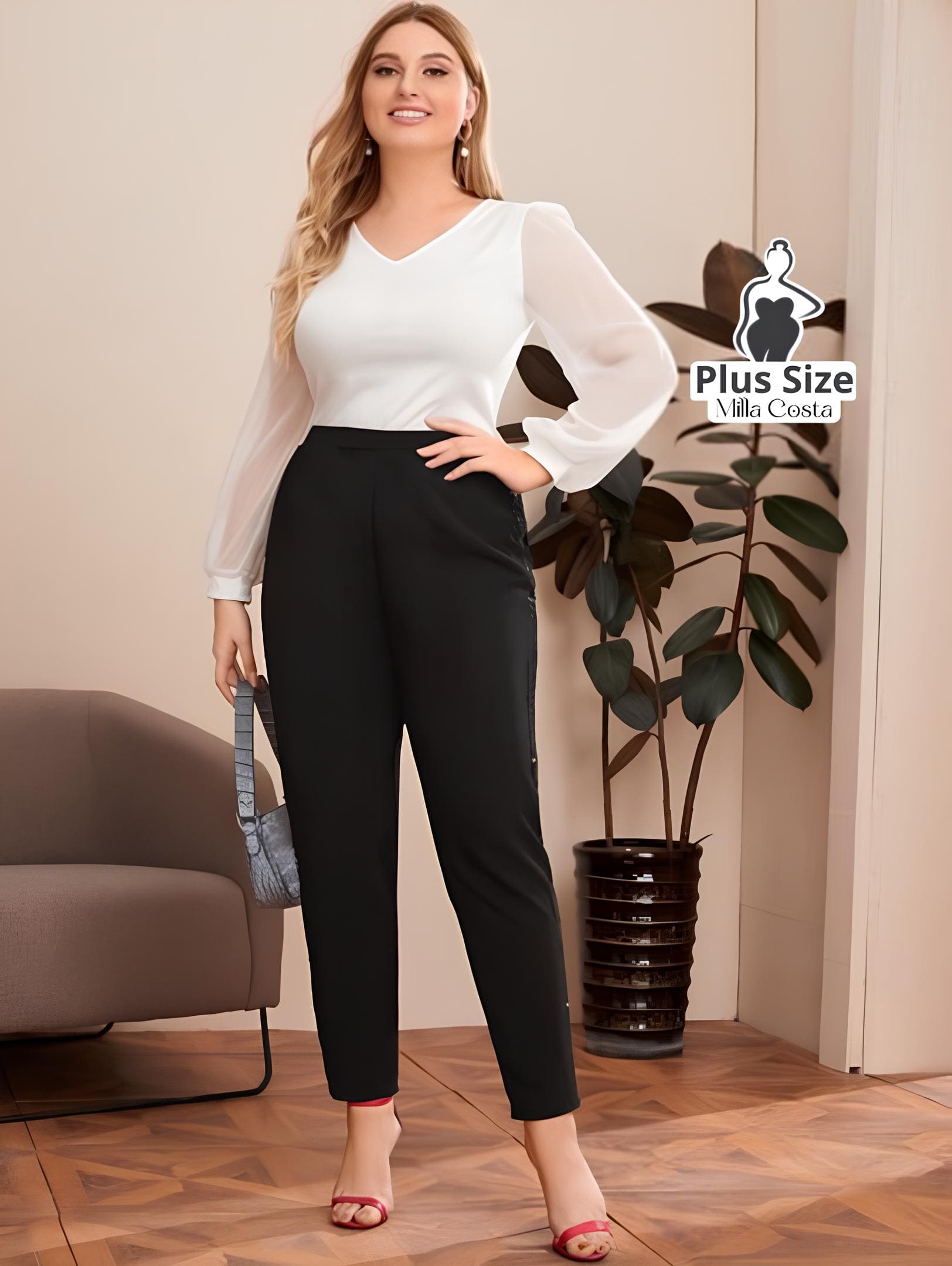 Calça Social Com Detalhe de Lantejoulas Nas Laterais Plus Size