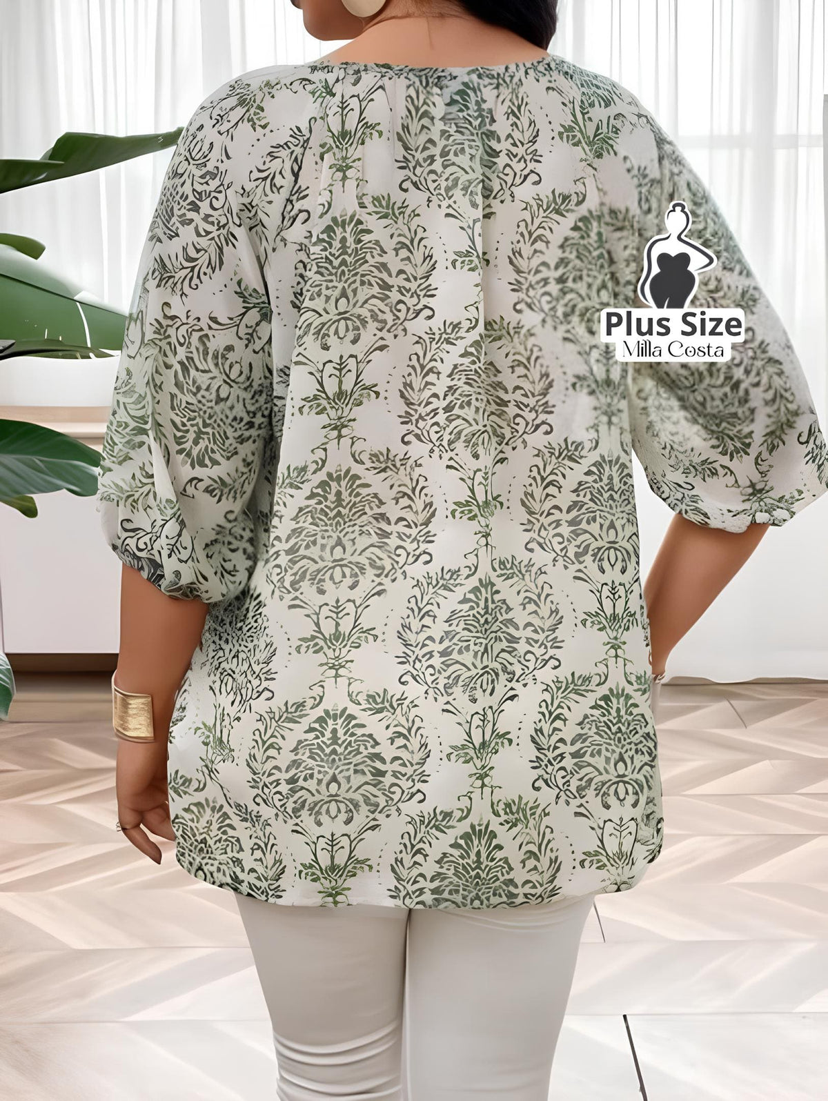 Blusa Estampada Com Botões e Manga Bufante Plus Size