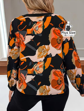 Blusa Estampada Floral de Manga Longa Bufante Plus Size