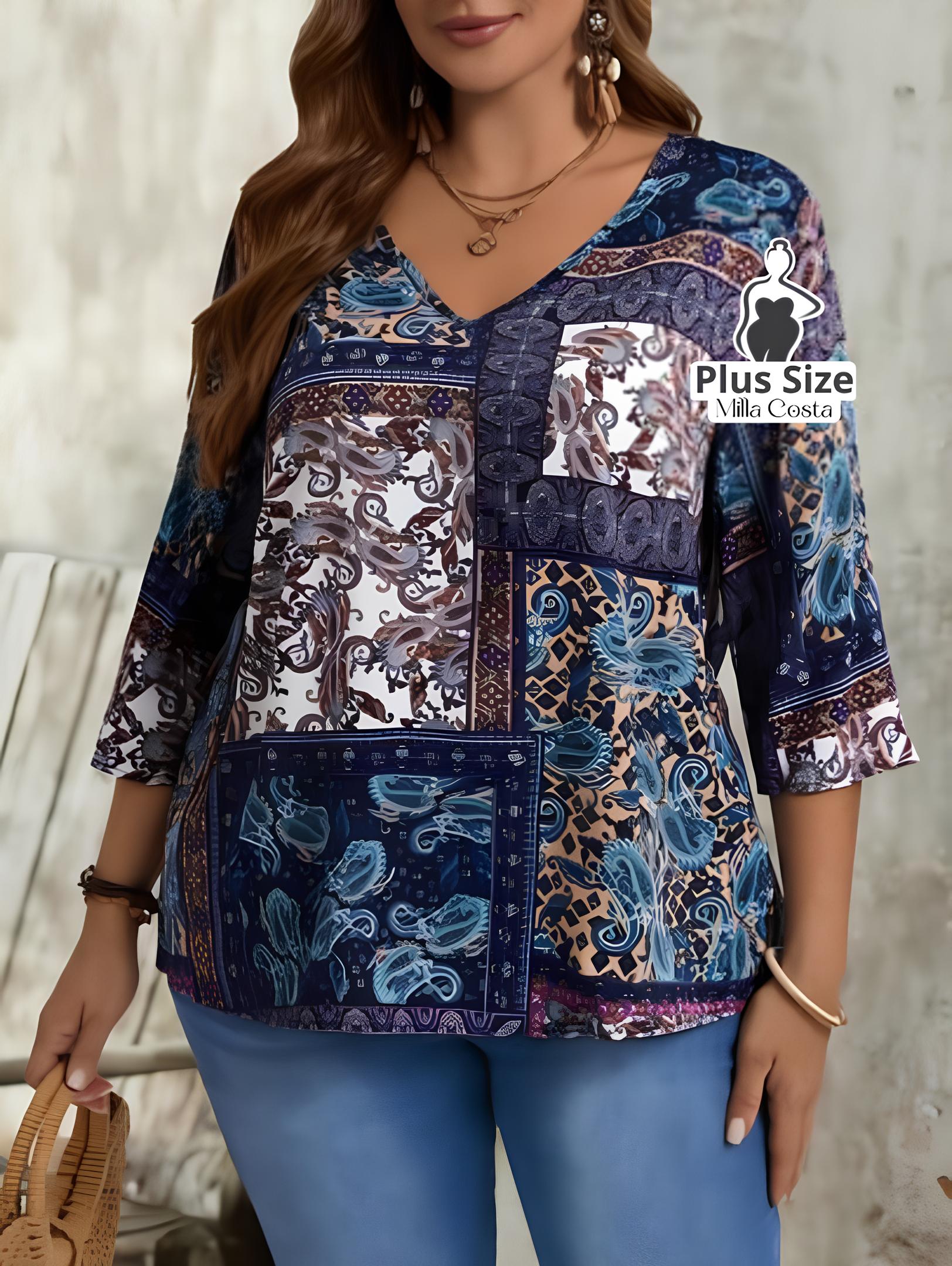 Blusa Estampada De Manga Longa Com Bolsos Plus Size