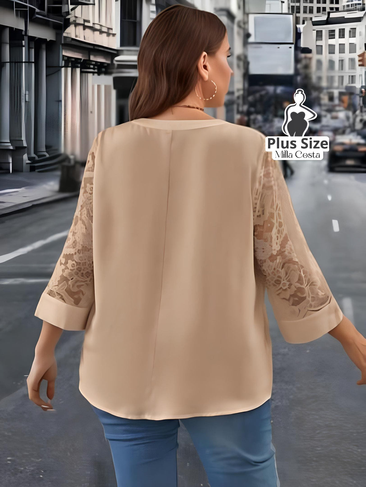 Blusa Elegante Com Detalhe De Renda Nas Mangas E Decote V Plus Size