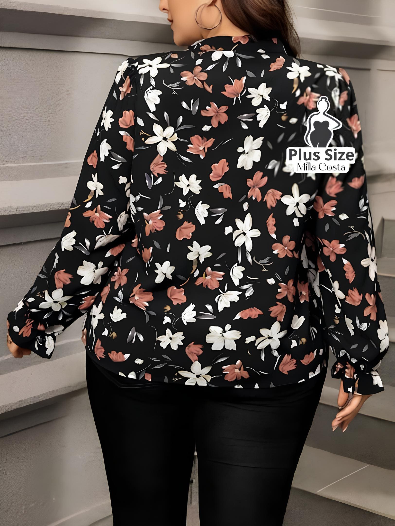 Blusa De Manga Longa Com Estampa Floral Plus Size